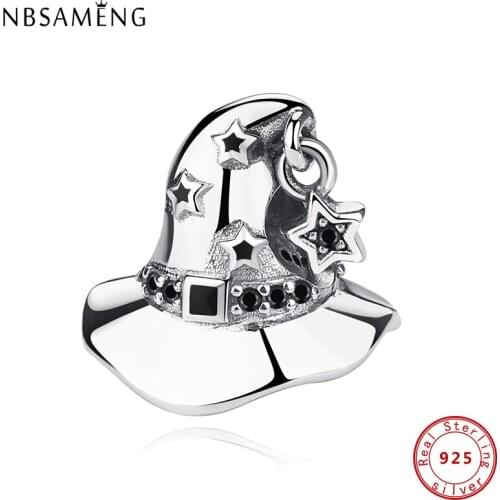 Authentic 100% 925 Sterling Silver Charms Beads Night Stars Hat Charm Black CZ Fit Pandora Original Bracelets Women DIY Jewelry