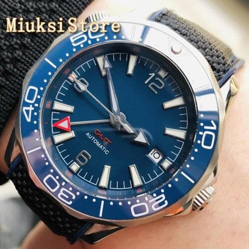 Bliger 41mm sterile mens top watch silver case sapphire crystal blue dial luminous rubber strap mens automatic watch
