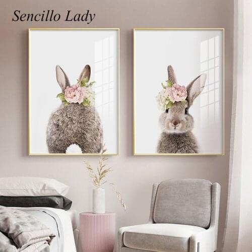 Floral Bunny Butt Tail Animal Poster Nursery Canvas Print Flower Rabbit Wall Art Painting Picture Modern Home Kids Room Decor