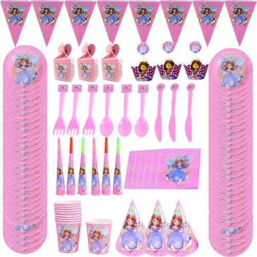 Disney Princess Sofia Party Supplies Disposable Tableware Cartoon Characters Theme Cup Straws For Decor Kids Favor Baby Shower