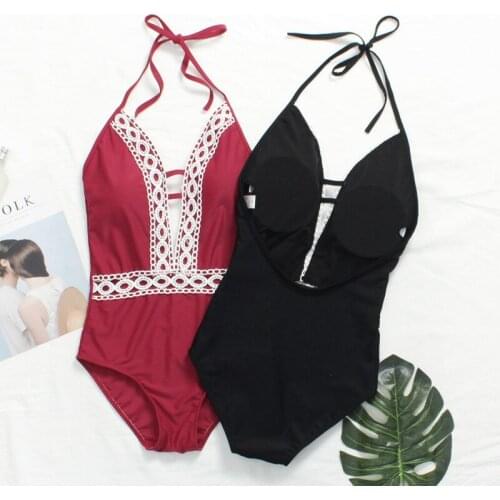 Summer New Sexy Brazilian Lace One-piece Swimsuit V neck Swimwear Cute Halter Swimsuit Beach Wear Red Bathing Suits Pool
