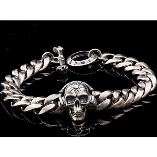 925 Sterling Silver Skull Mens Biker Gothic Bangle Bracelet jewelry 22cm A4003