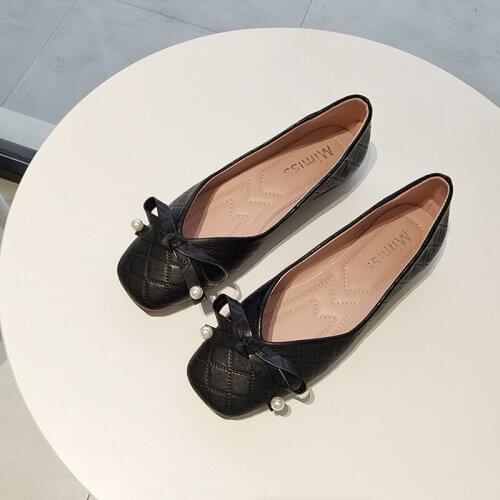 Spring and Autumn Flat Flat Square Head Shallow Pearl Bowtie Grandmother Shoes Soft Leather Comfortable Work Shoes Black