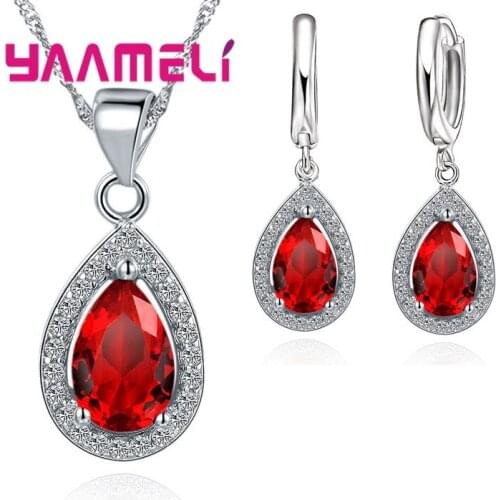 Classic Women Waterdrop Crystal Pendant Necklaces Drop Earring Set For Wedding 925 Sterling Silver Bridal Jewelry Sets