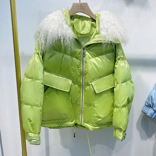 2020 New Large Real wool Fur Women Winter Jacket Glossy Warm Thick White Duck Down Jacket Short Female Parkas Loose Women Coats