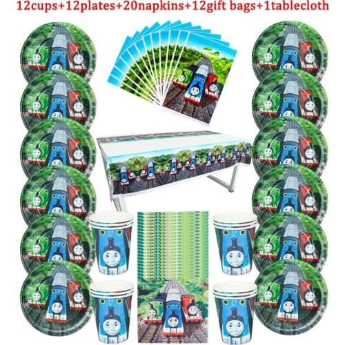 57Pcs Disposable Tableware Thomas Friends Theme Kids Birthday Party Paper Plate+Cup+Napkin+Candy GiftBag+Tablecloth Supplies