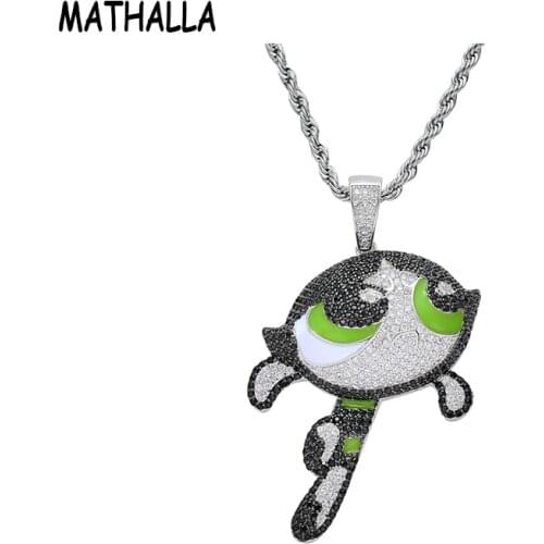 MATHALLA Powerpuff Girls Cartoon Pendant Silver Jewelry Micro Paved CZ Charm Hip Hop Mens Brass Iced Out Pendant Chain Necklace