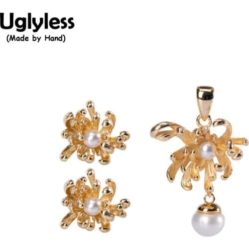 Uglyless Fire Tree Silver Flower Fireworks Jewelry Sets for Women Natural Pearls Studs Earrings Necklaces NO Chains 925 Silver