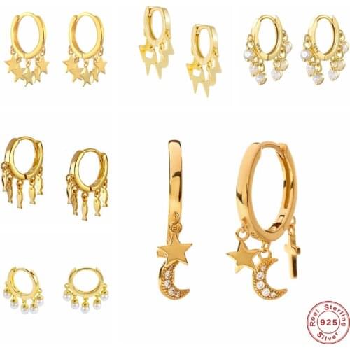 Aide 925 Sterling Silver Hoop Earrings For Women Luxury Zircon Star Moon Pendants Circle Huggie Earring Pendientes Party Jewelry