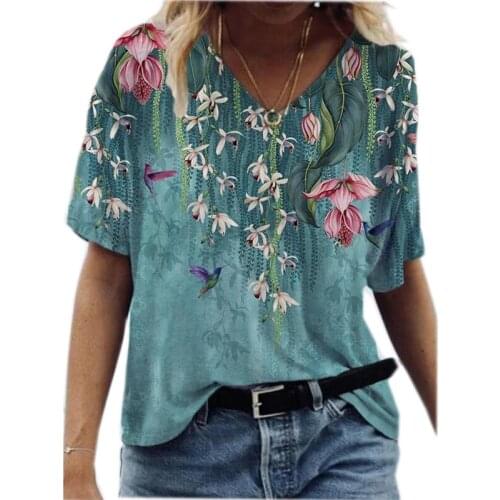 2021 Summer Oversize T Shirt Women Casual V-Neck Tshirts Landscape Floral Print V-neck Short Sleeve Top T shirt For Female S-5xl