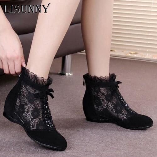 LISUNNY 2021 Fashion Summer Ankle Boots for Women Flat Heel Boots Mesh Height Increasing Casual Shoes Genuine Leather Big Size