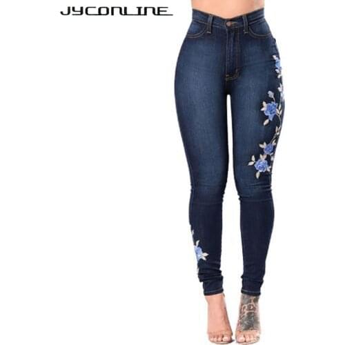 JYConline Stretch Embroidered Jeans For Women Elastic Flower Jeans Female Pencil Denim Pants Skinny High Waist Jeans Woman 3XL