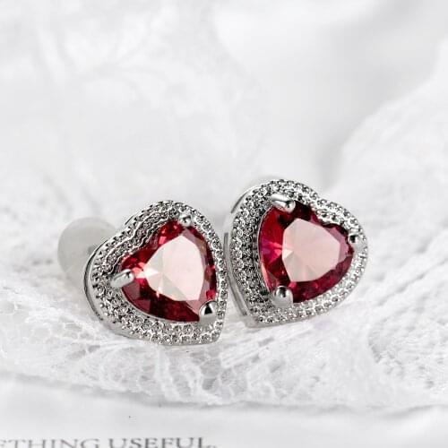 Charming Female Crystal Earrings silver color Red Zircon Love Heart Earring for Women Wedding Party Pendientes Oorbellen