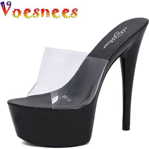 Voesnees Slippers Women Shoes Summer Crystal Fine Heel 15 cm Female Waterproof Prevent Thick Bottom Sexy Shoes female Black
