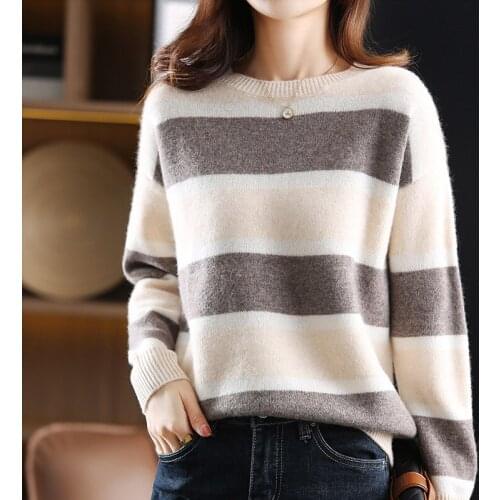 2021 autumn winter new cashmere sweater womens thickened solid round neck striped sweater loose with 100 wool backing