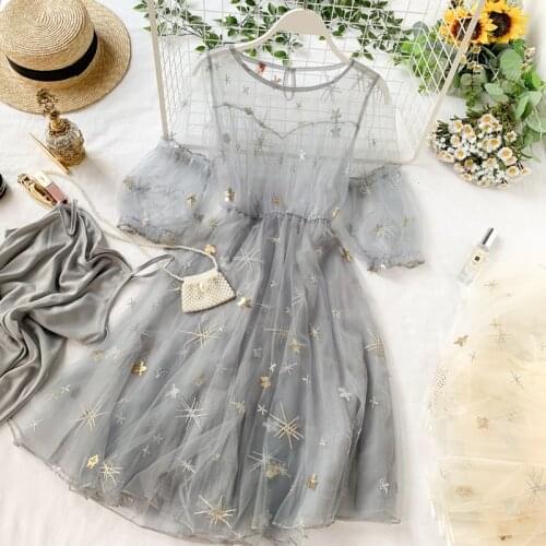 2021 spring New womens o-neck lantern sleeve star sequins mesh dress female Embroidered gauze puff dresses two piece sets