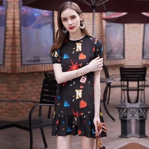 BLACK Print Cartoon Floral Silk Dresses Women 2021 Summer Long Casual Sexy Office Work Daily Dress Plus Size Slim Fit A Line