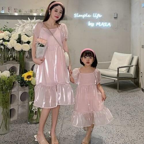 2021 Girls Summer Dress Princess Costume Mother Daughter Dress Family Outfits New Ruffle Shiny Party Dress Children Clothes