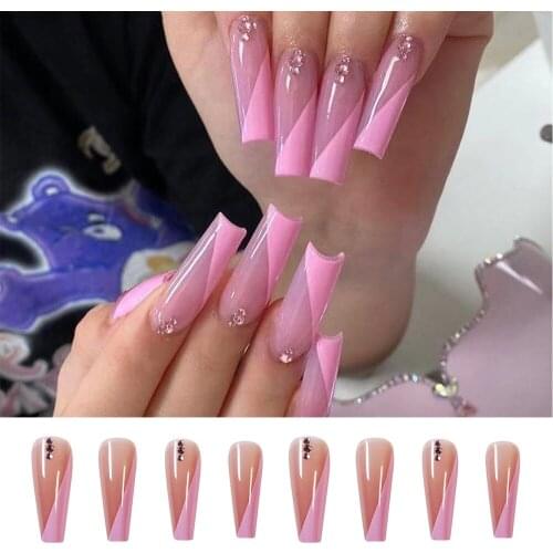 24pcs/Box Pink Artificial Full Cover Coffin Fake Nails Wearable Long French Rhinestone Ballerina False Nails Nail Tips