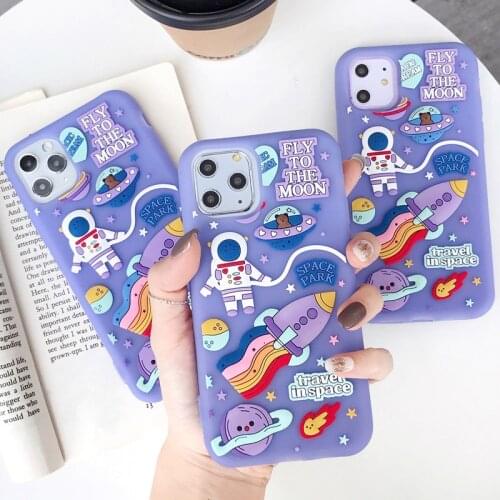 3D Cute Cartoon Purple Starry Sky Phone Case for iPhone 11 Pro Max XR X XS Max 7 8 6S Plus Astronaut Rocket Soft Silicone Cover