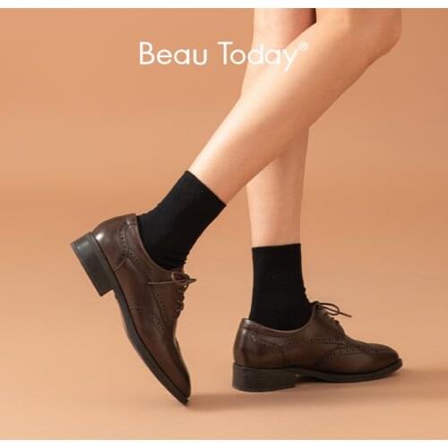 BeauToday Brogue Shoes Women Cow Leather Wingtip Square Toe Lace-Up Dery Dress Shoes Ladies Flats Handmade 21484