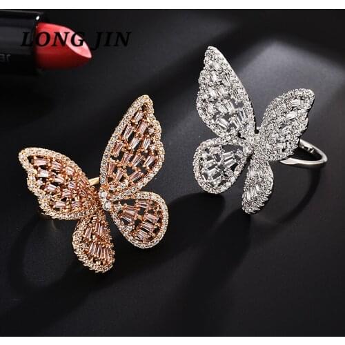 For Women Korean Fashion Noble Luxury Inlaid With Colorful Zircon Hollow Butterfly Rose Ring Opening Adjustable Ring Jewelry