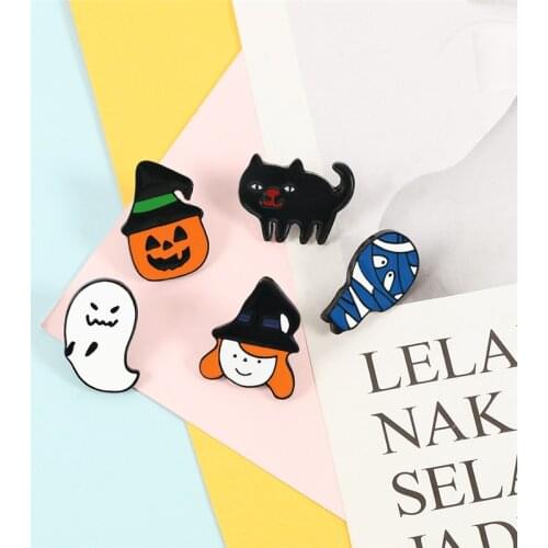 Skeleton Enamel Pins Halloween Pumpkin Lantern Ghost Mummy Black Cat Boy Punk Brooches Jewelry for Kids Clothes Lapel Pin Badges