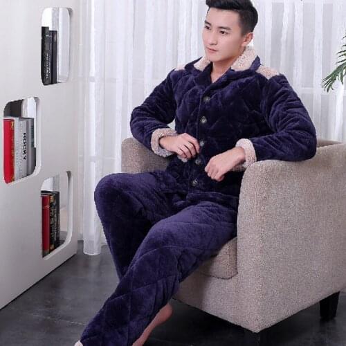 Flannel Pajamas Sets 2019 New Winter Men Long-sleeves Pockets Solid Color Thick Home Clothing Warm Pyjamas Suits 2020