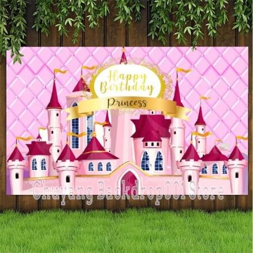 Princess Castle Photo Backdrop Pink Girls Kids Happy Birthday Party Flower Decoration Photography Backgrounds Banner