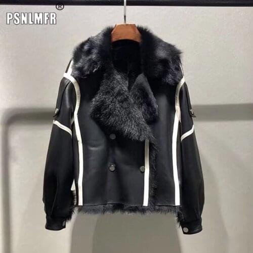 Hot Selling Leather Double-breasted Warm Womens Fur Coat Thick Black Cool Girl Woman Jacket Lady New Loose Outerwear Basic Coat