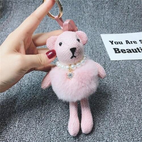 Fashion Mink Plush Skirt Cute Bear Keychain Pearl Rhinestone Creative Key Chain Women Car Bag Keychains Jewelry Gift 17CM
