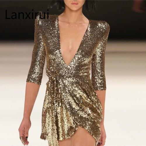 Fashion Brand New Sequin Dress For Women Gold And Black Mini Dresses Deep V Neck Half Sleeve Vestidos