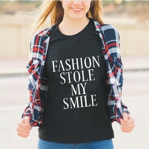 Ashion Stole My Smile Letters Print T-shirt Women Tops Casual Harajuku Cotton Tee Shirt Femme Summer Plus Size 0-Neck T-shirts