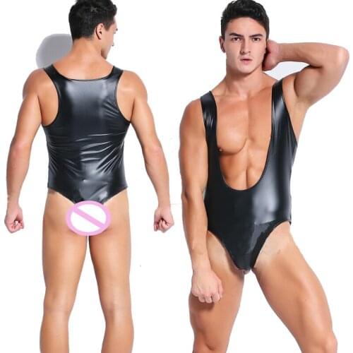 Mens sexy one-piece faux leather tights trousers patent leather high gloss PU leather nightclub open chest vest black patent