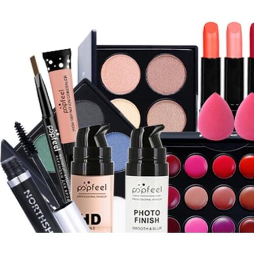Makeup Set Concealer Liquid Foundation Lip Gloss Eye Shadow Brow Cream Lipstick Mascara Puff Brush All In One Cosmetic Kit