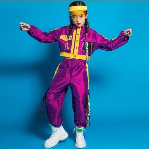 Hip Hop Clothes For Girls Shiny Purple Jacket Coat Casual Pants Kids Street Dance Outfit Jazz Performance Clothing Stage Costume