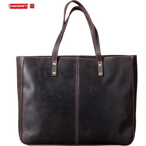 Simple Retro Genuine Leather Bag Women Handbag Large Capacity Tote Bag Handmade Laptop Shoulder Bag First Layer Cowhide Soft