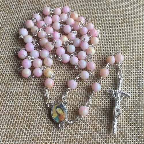 Luxury Pink Long Rosary Prayes Necklace for Men Women Jesus Christ Redeems Cross Faith Pendants Necklaces Chain Collar Jewelry