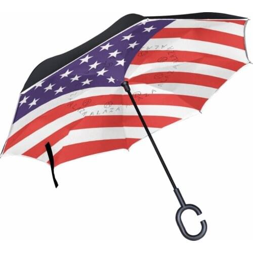 Windproof American Flag Reverse Umbrella Car Double Layer Sunshade Umbrella Bone Fiber Inverted Umbrellas Drop Shipping