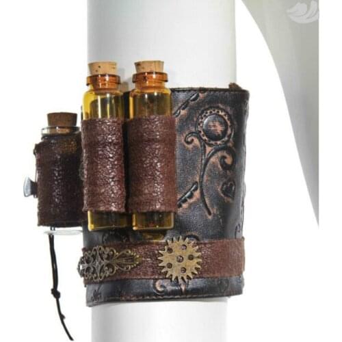 Vintage Gothic Brown PU Leather Gold Gearwheel Floral Carving Arm Band Wristband Steampunk Costume Jewelry Accessories