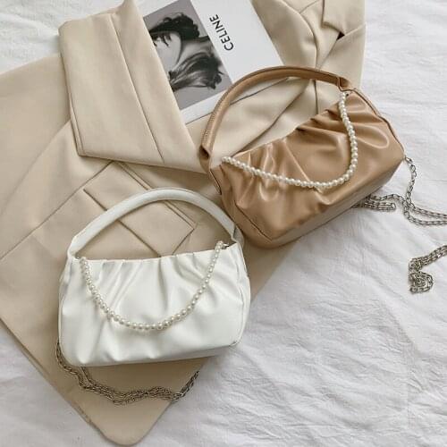 Women 2021 Trend Small PU Leather Simulated Pearl Crossbody Bags Female Luxury Branded Chain Pleated Shoulder Handbags