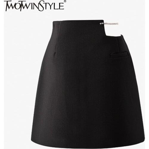 TWOTWINSTYLE Casual Black Patchwork Chain Skirt For Women High Waist Hollow Out Minimalist A Line Mini Skirts Female 2021 Summer