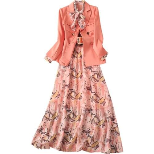 Women Clothing Suit Set Double Breasted Buttons Notched Blazer Jacket + Print A-Line Long Maxi Dress