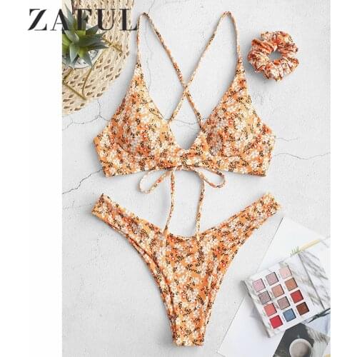 ZAFUL Ditsy Print Sexy Criss Cross Bikini Set Women Swimsuit Bohemia Floral 2 Piece Swimwear Female Bathing Suit with Hair Tie