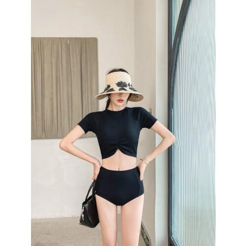 Women Three Piece Swimsuit Tankini Set Short Sleeve Ruffled Swimwear Top High Waist Skirted Solid Black Beachwear with Pads