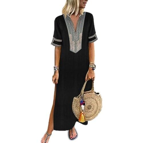 Womens Large Size Summer Cool Loose Dress Slim Short Sleeve Positioning Flower Casual Dress V-Neck Soft Breathable Beach Dress