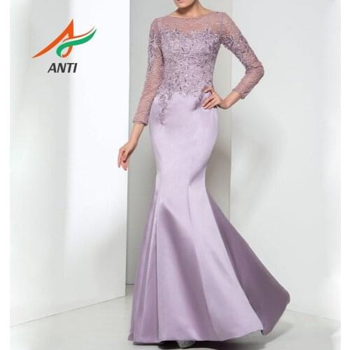 ANTI Evening Dress Abendkleider 2019 With Long Sleeve Scoop Neck Mermaid Satin Appliques Formal Gowns Long Robe De Soiree Custom