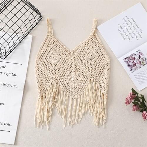 2021 Summer Boho Clothing Retro Holiday Beach Crochet Tank Tops With Tassel Women Sexy Hollow Out Knitted Crop Top Camis Mujer