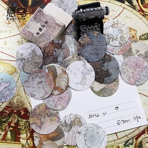 46Pcs/Box Retro Map Pattern Adhesive Stickers Scrapbooking Diary Journal Decorative Sticker Collage School Stationery Supplies