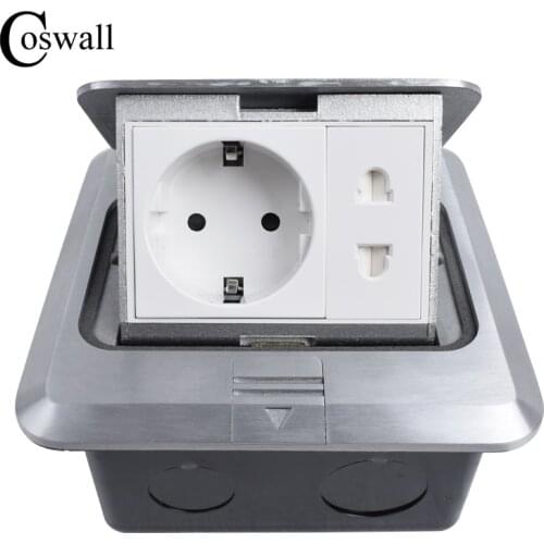 Coswall All Aluminum Silver Panel 16A EU Standard Socket + Universal 2 Hole Pop Up Floor Socket Power Outlet
